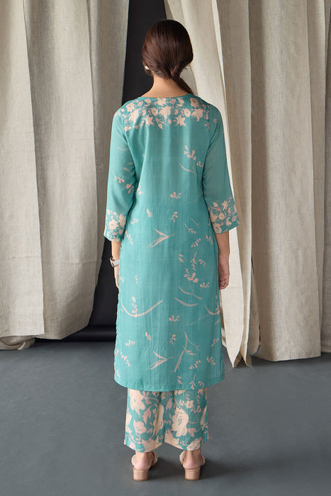 Retro Blue Floral Tencel Kurta Set (of 3)