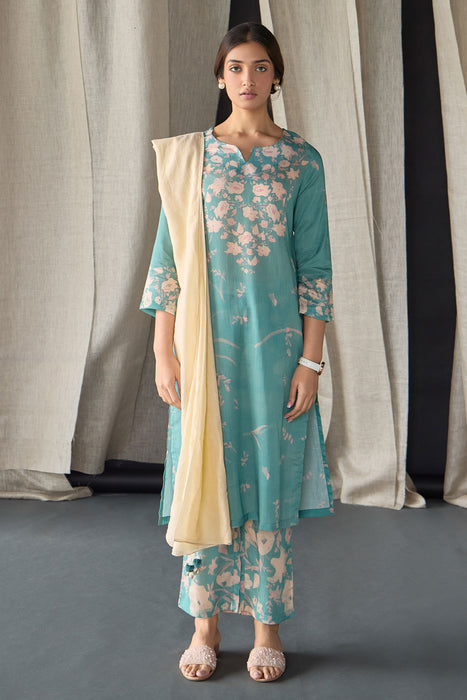 Retro Blue Floral Tencel Kurta Set (of 3)