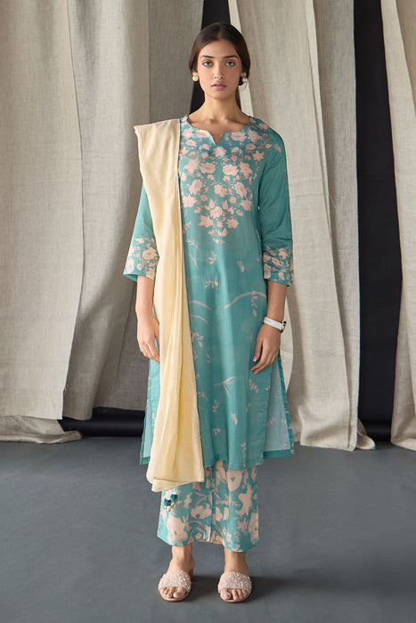 Retro Blue Floral Tencel Kurta Set (of 3)