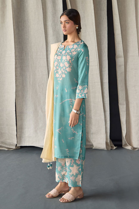 Retro Blue Floral Tencel Kurta Set (of 3)
