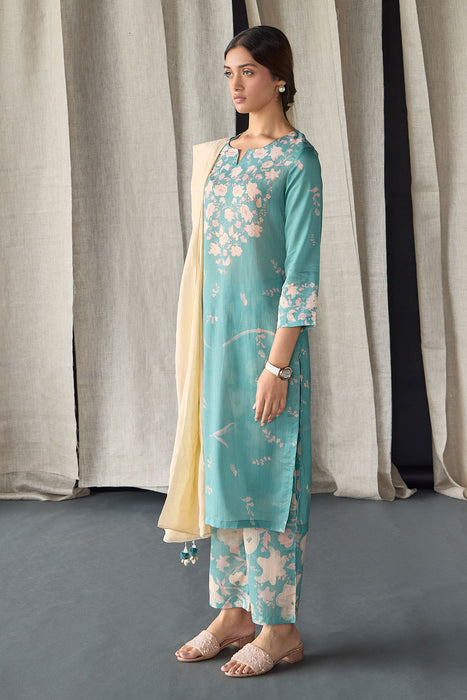Retro Blue Floral Tencel Kurta Set (of 3)