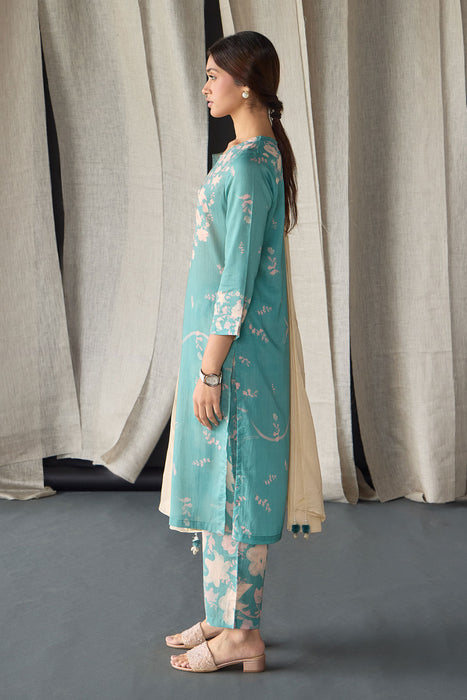 Retro Blue Floral Tencel Kurta Set (of 3)
