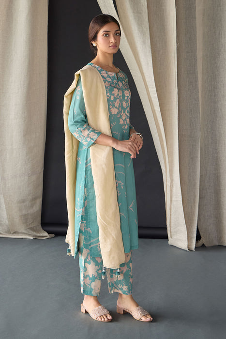 Retro Blue Floral Tencel Kurta Set (of 3)