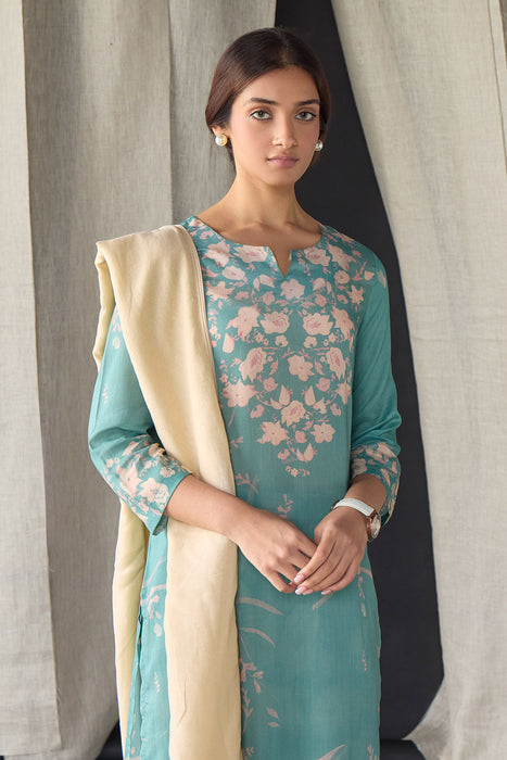 Retro Blue Floral Tencel Kurta Set (of 3)