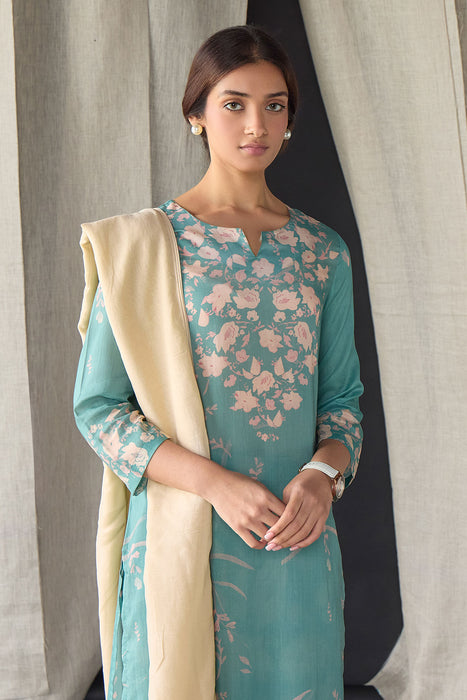 Retro Blue Floral Tencel Kurta Set (of 3)