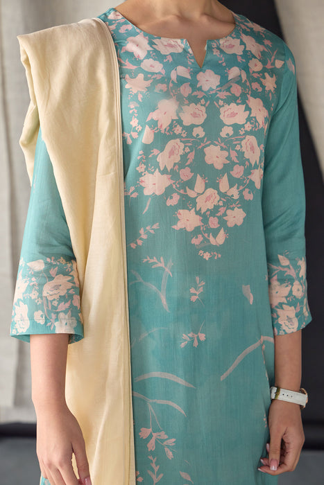 Retro Blue Floral Tencel Kurta Set (of 3)