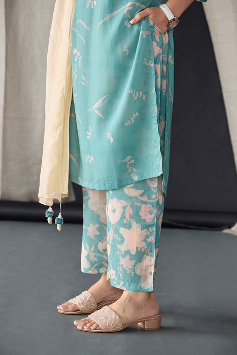 Retro Blue Floral Tencel Kurta Set (of 3)