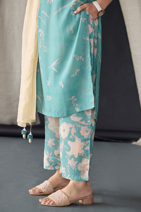 Retro Blue Floral Tencel Kurta Set (of 3)