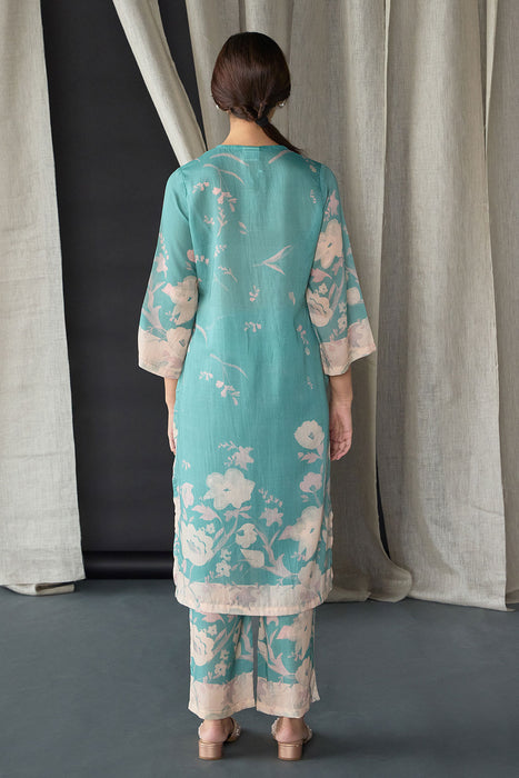 Retro Blue Floral Tencel Kurta Set (of 2)