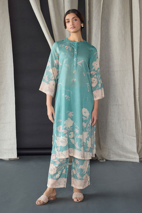 Retro Blue Floral Tencel Kurta Set (of 2)