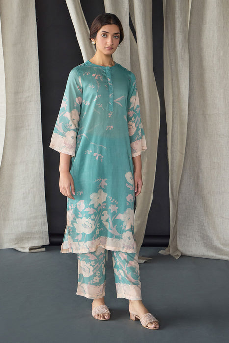 Retro Blue Floral Tencel Kurta Set (of 2)