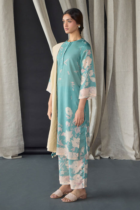 Retro Blue Floral Tencel Kurta Set (of 3)