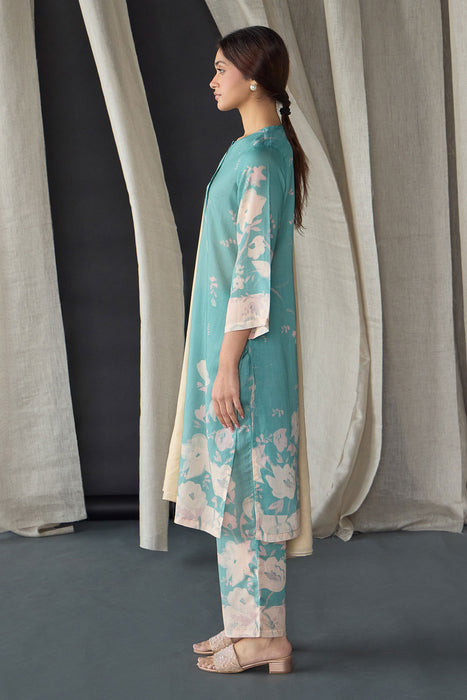Retro Blue Floral Tencel Kurta Set (of 3)