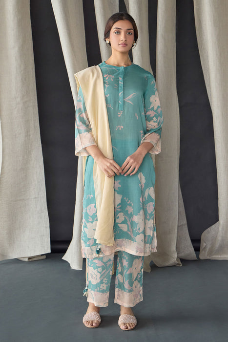 Retro Blue Floral Tencel Kurta Set (of 3)