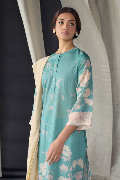 Retro Blue Floral Tencel Kurta Set (of 3)