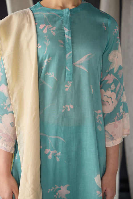 Retro Blue Floral Tencel Kurta Set (of 3)