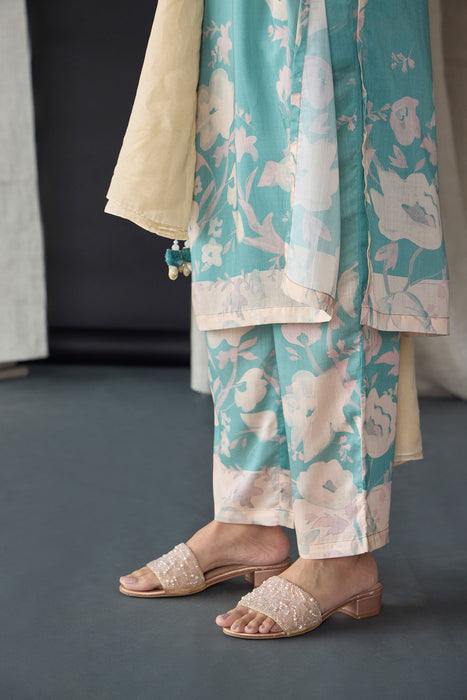 Retro Blue Floral Tencel Kurta Set (of 3)