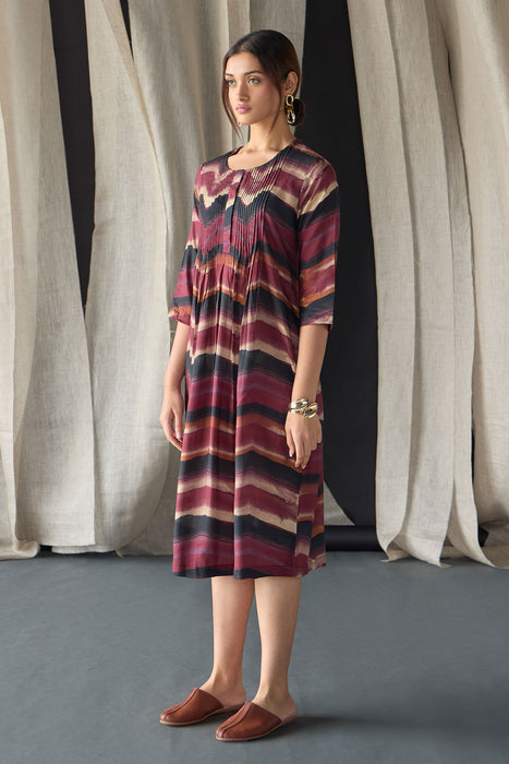 Valley Paint Flowy Silk Dress-Maroon