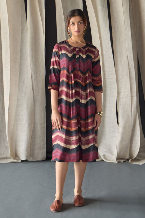 Valley Paint Flowy Silk Dress-Maroon