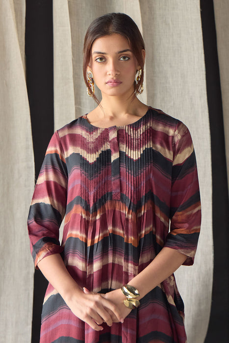 Valley Paint Flowy Silk Dress-Maroon