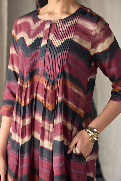 Valley Paint Flowy Silk Dress-Maroon