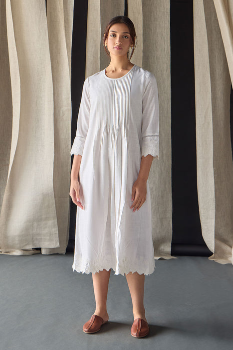 Hand Scalloped & Tonal Embroidered Dress-White