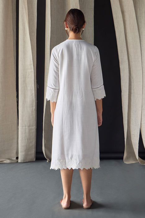 Hand Scalloped & Tonal Embroidered Dress-White