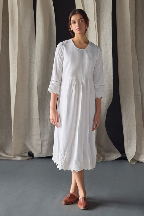 Hand Scalloped & Tonal Embroidered Dress-White