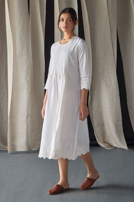 Hand Scalloped & Tonal Embroidered Dress-White