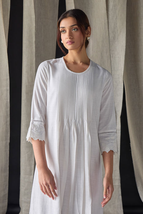 Hand Scalloped & Tonal Embroidered Dress-White