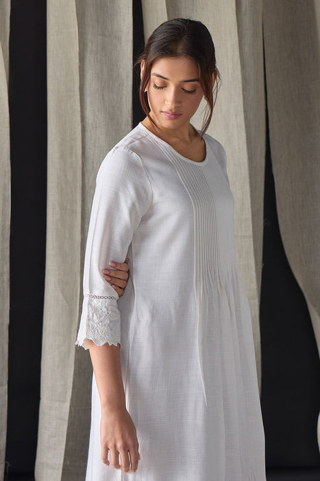 Hand Scalloped & Tonal Embroidered Dress-White