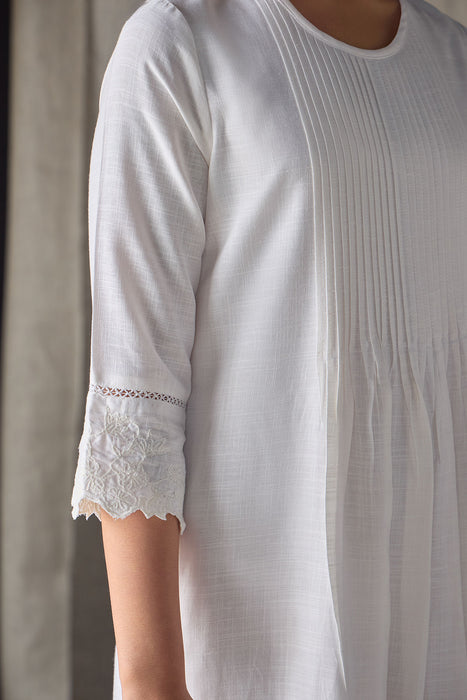 Hand Scalloped & Tonal Embroidered Dress-White