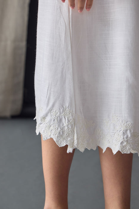 Hand Scalloped & Tonal Embroidered Dress-White