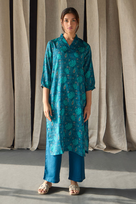 Under-Water Teal Floral Tencel Kurta