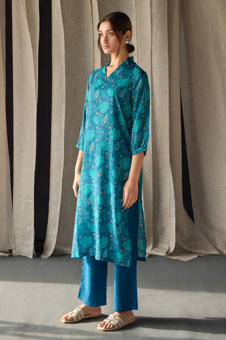 Under-Water Teal Floral Tencel Kurta