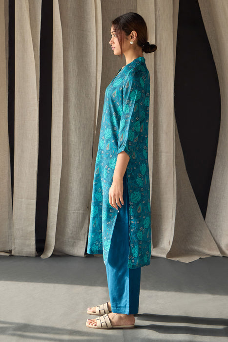 Under-Water Teal Floral Tencel Kurta
