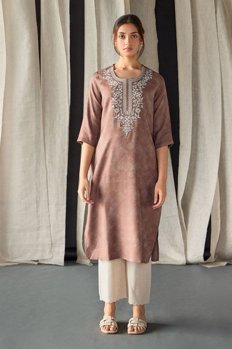 Brown Jacquard Kurta with Yoke Embroidery