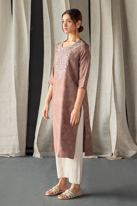 Brown Jacquard Kurta with Yoke Embroidery