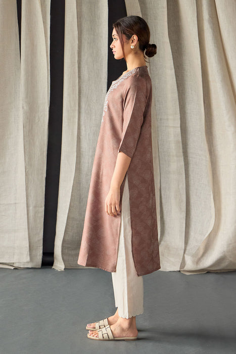 Brown Jacquard Kurta with Yoke Embroidery
