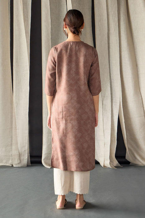 Brown Jacquard Kurta with Yoke Embroidery