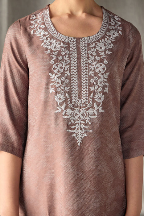 Brown Jacquard Kurta with Yoke Embroidery