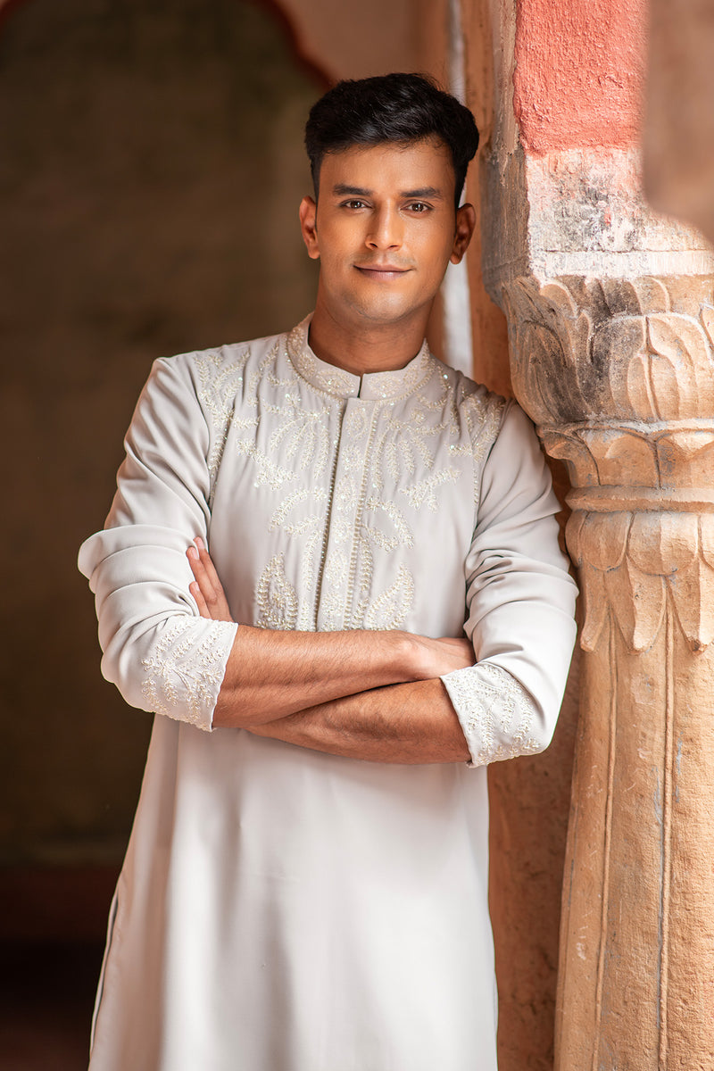 HAND EMBROIDERED TWILL CREPE KURTA PANT SET