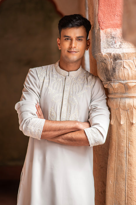 HAND EMBROIDERED TWILL CREPE KURTA PANT SET