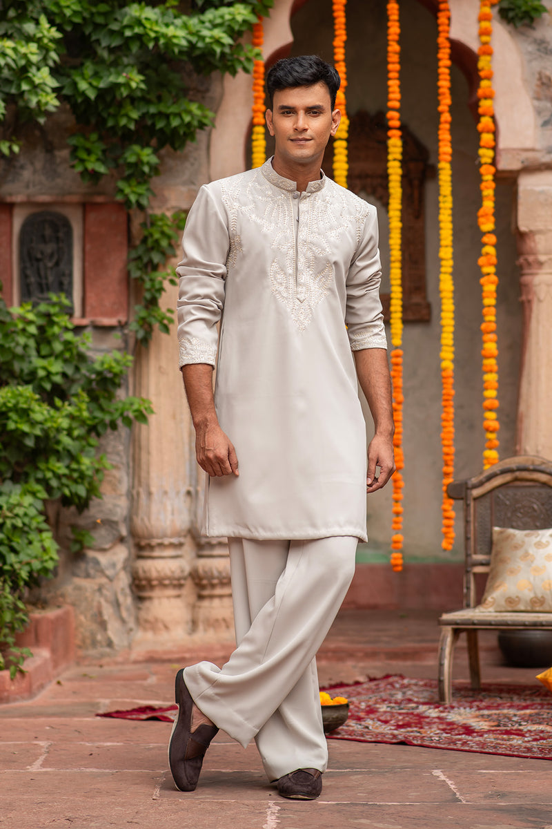 HAND EMBROIDERED TWILL CREPE KURTA PANT SET
