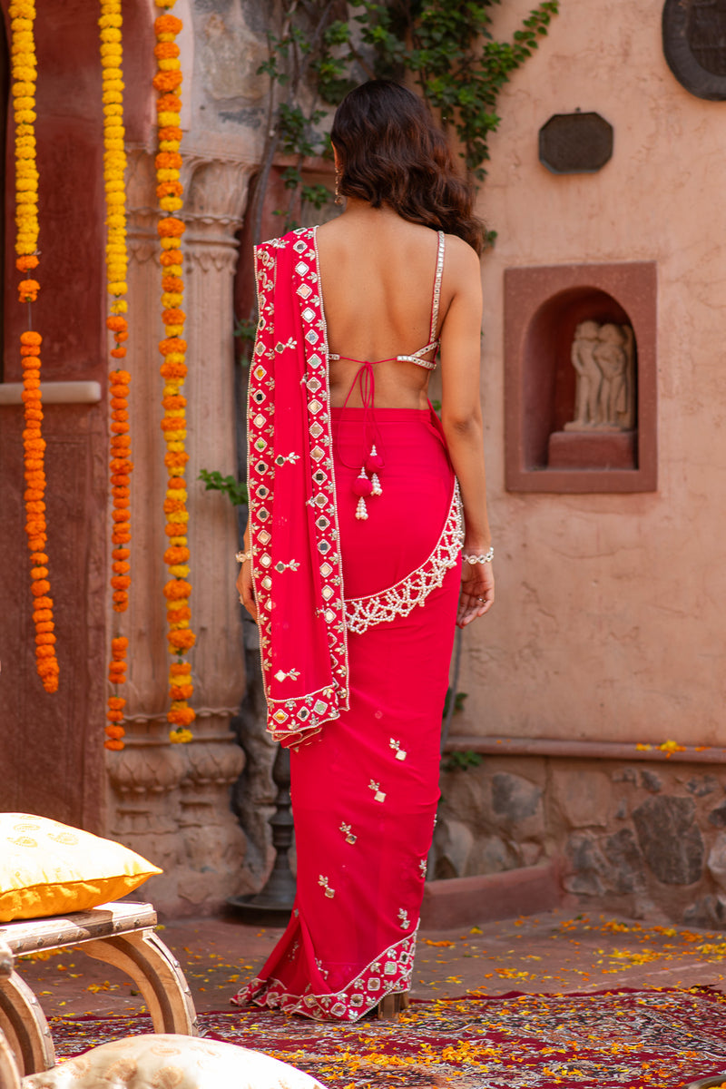 MIRROR AND PEARL EMBROIDERED SAREE SET
