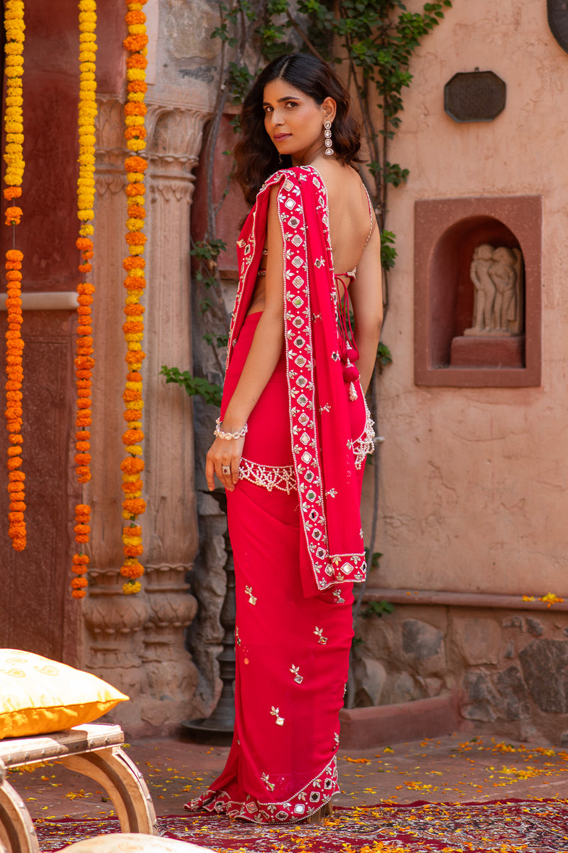 MIRROR AND PEARL EMBROIDERED SAREE SET