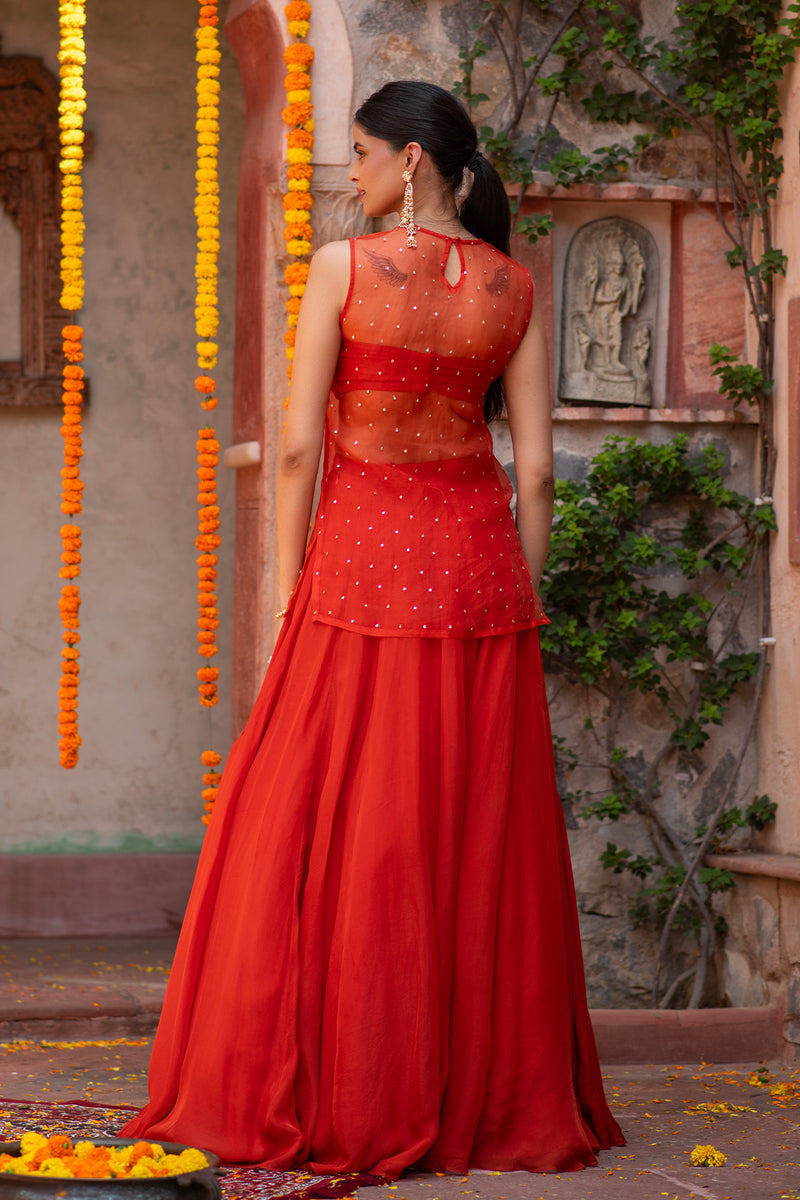 SHEER SEQUIN LONG CHOLI LEHENGA SET