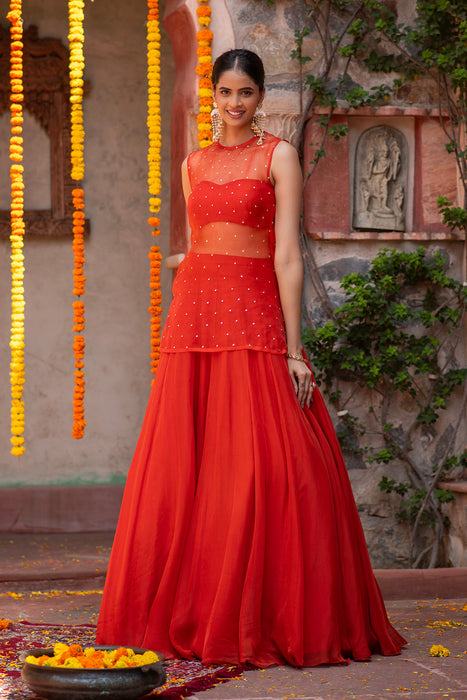 SHEER SEQUIN LONG CHOLI LEHENGA SET