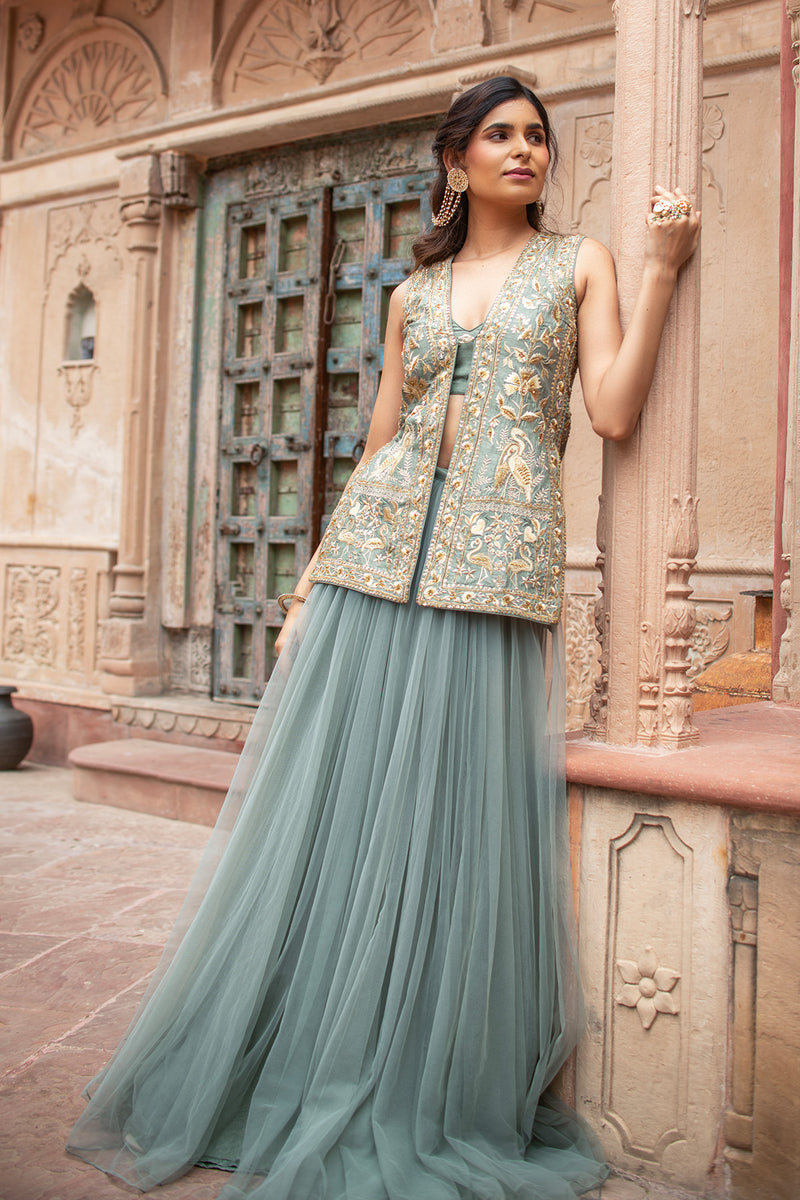 EMBROIDERED JACKET TULLE LEHENGA SET