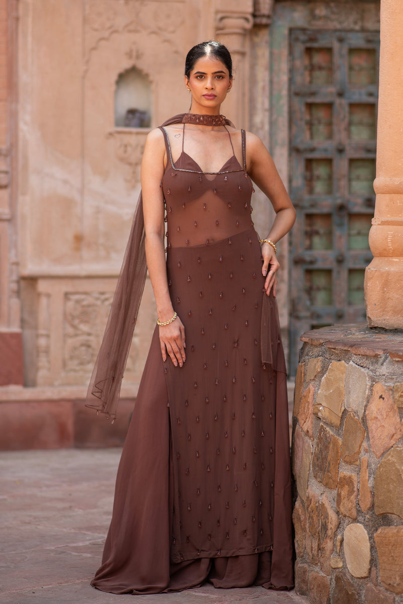 SHEER SHARARA SET WITH HANGING BEADS